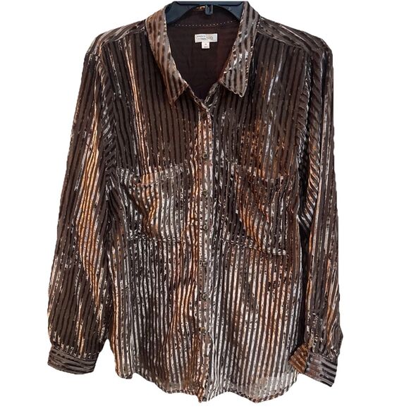 Anthropologie Forever that Girl Brown Velour Striped Long Sleeve ButtonUp  2X - Picture 2 of 9